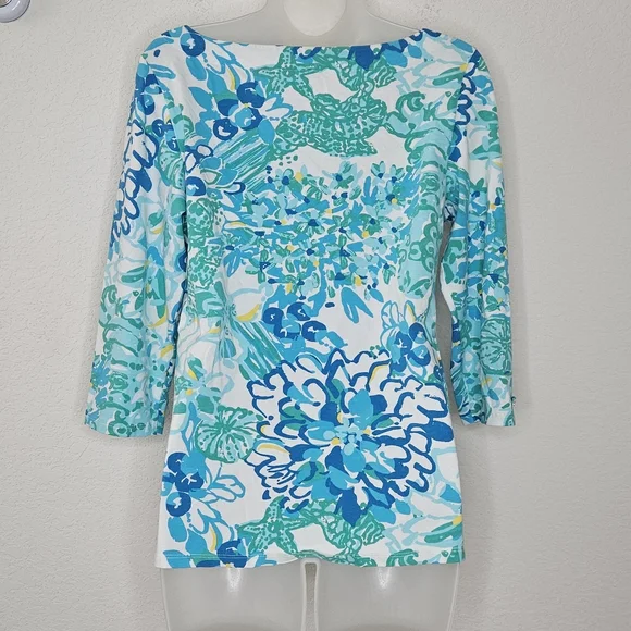 Lilly Pulitzer Juline Top Resort White In A Pinch Green Blue Floral Boatneck L - Picture 8 of 11